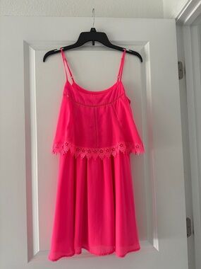 GB Hot Pink Spaghetti-Strap Midi Dress with Lace Trim